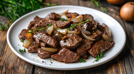 Delicious beef tips with onions recipe on white plate close up view for food photography and cooking blog