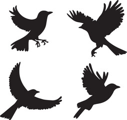 This artwork is digitally enhanced using AI and manually edited for quality. The image shows four black bird silhouettes in various flying poses.