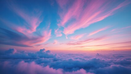 Obraz premium An exquisite photograph featuring a peaceful twilight sky filled with delicate pastel shades during sunset, fostering tranquility and reflection