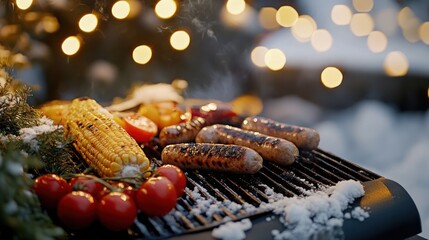Winter Grill Feast: Sausages, Corn, and Tomatoes in a Snowy Outdoor Setting