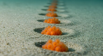 A line of orange sea squirts in individual holes in the sand under the ocean water