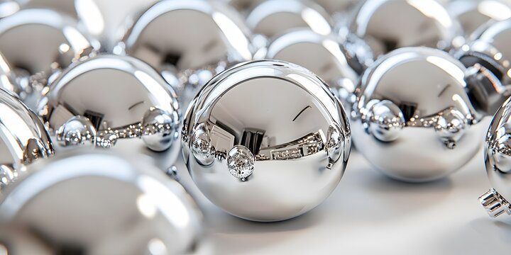 Close-up view of many shiny metallic spheres.