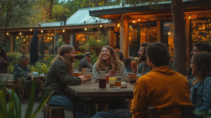  people laughing and sharing drinks at a cozy backyard brunch