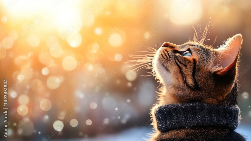 Poster a cat in a tiny winter sweater sits on a windowsill with snow drifting outside. soft light accentuat