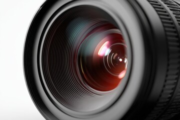 Close-up of a camera lens, showcasing its intricate details and reflective surface.  The warm tones of the lens elements create a captivating image.