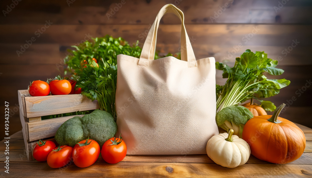 Poster Fresh vegetables and produce arranged with a reusable bag on a wooden table in a rustic setting