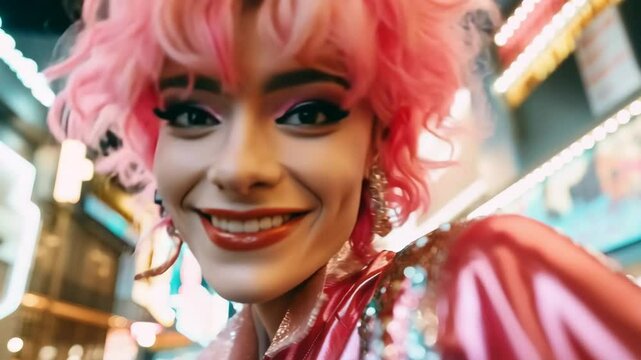 Vibrant video still of a joyful person with pink hair and makeup, captured from a low angle, set against a lively, illuminated city street at night.