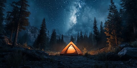 Nighttime camping scene with a glowing tent nestled in a quiet forest clearing