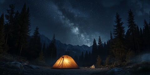 Nighttime camping scene with a glowing tent nestled in a quiet forest clearing
