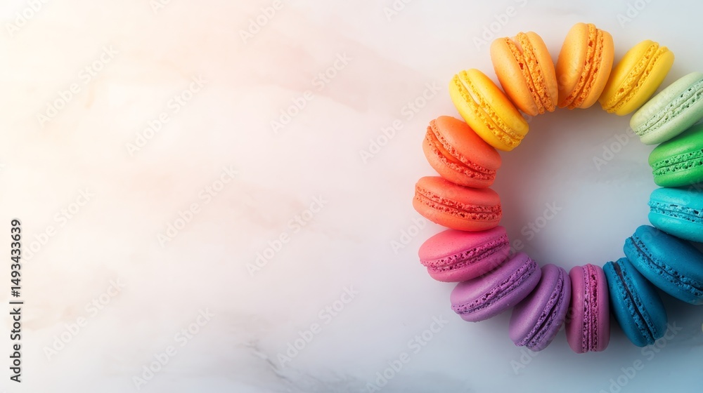 Poster A vibrant pile of macarons is displayed in a circular arrangement on a smooth marble surface, with soft natural light accentuating their textures and colors