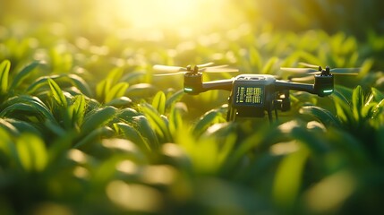 futuristic concept: drone spraying banana field while scanning barcodes on the plants, money icon on digital dashboard