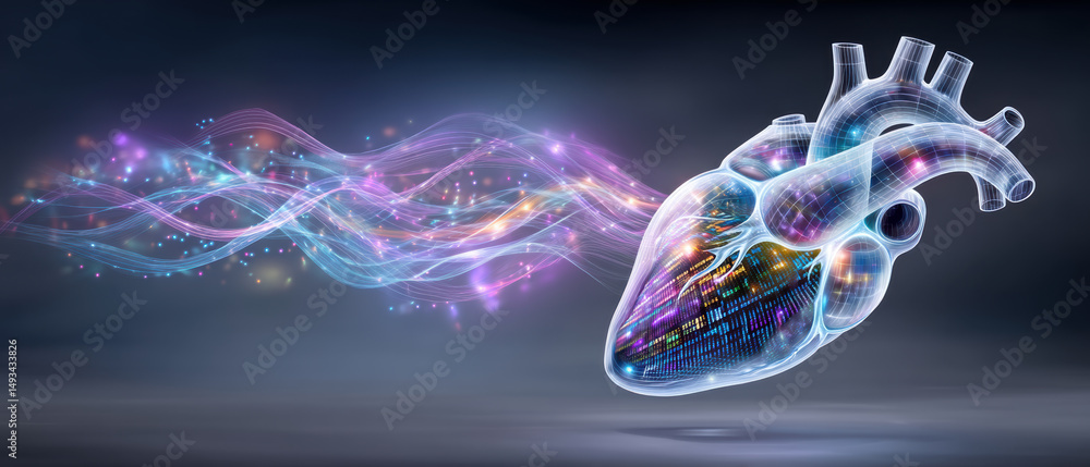 Poster digital heart with colorful data flow, futuristic technology concept showing connection and energy i