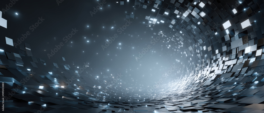 Poster digital tunnel with glowing squares and particles creating futuristic and dynamic abstract backgroun