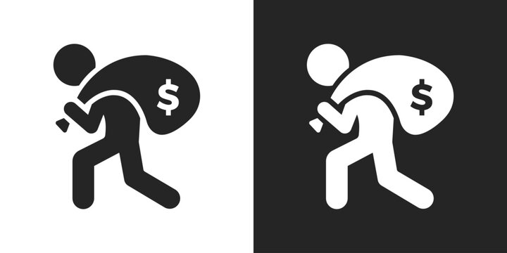 Thief carrying money bag, Robbery, Crime and Finance security icon symbol vector design