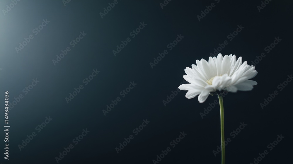 Poster a single white daisy stands prominently on a black background, illuminated by soft natural light, em