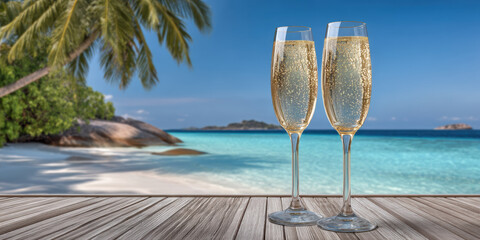 Two glasses of sparkling champagne on wooden table with tropical beach and palm tree background in bright sunny day