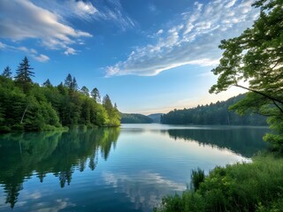 Serene lake surrounded by lush green forests under a clear blue sky