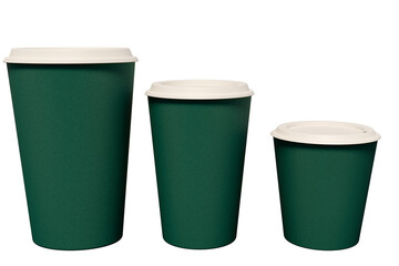 A set of three green disposable coffee cupson an isolated background. 3d rendering