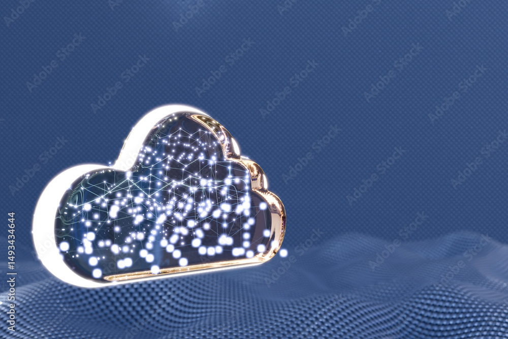 Poster digital cloud icon illuminated with blue lights over a grid surface. 3d rendering