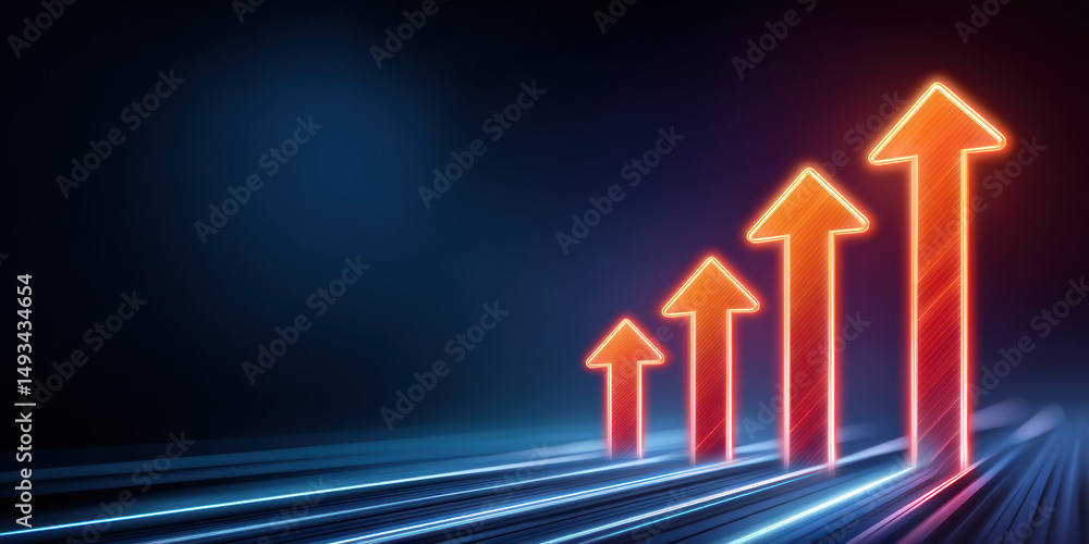 Poster growth concept with glowing red arrows pointing upward on dark background, symbolizing progress and 
