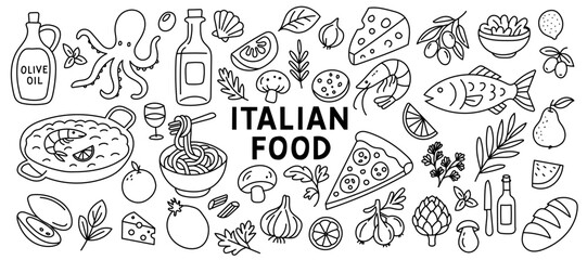 Minimal doodle scene capturing mediterranean food elements such as pasta, fish, and vegetables, evoking mediterranean lifestyle charm and flavor with mediterranean visual simplicity.
