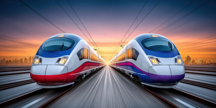 High speed train with modern design running on parallel tracks at sunset with city skyline in background, dynamic and fast
