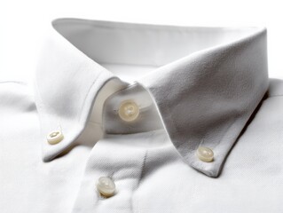 Close-up of a crisp white button-down shirt collar, showcasing the fine texture and detailing of the fabric.
