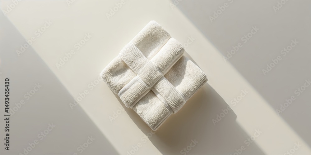 Poster white towel neatly folded on a light surface with soft shadows in a serene setting