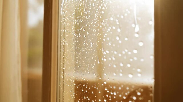 Raindrops on window pane creating abstract pattern with blurred background. Selective focus on the condensation water drops. - Powered by Adobe