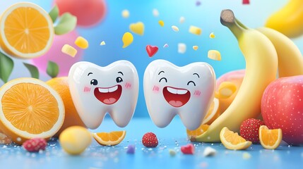 Fototapeta premium Healthy teeth and fruits for a happy smile.