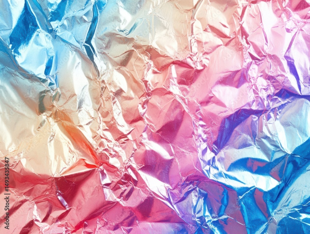 Poster abstract crumpled foil texture with vibrant gradient colors close up shot for backgrounds and design