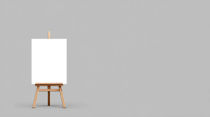 Blank canvas on wooden easel stands against plain gray background, minimalist style, inviting creativity and inspiration for artists and designers in modern studio setting