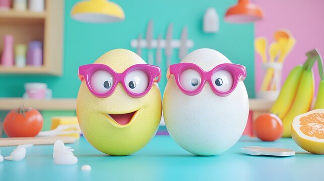 Two comical eggs wearing glasses in a cheerful kitchen scene.