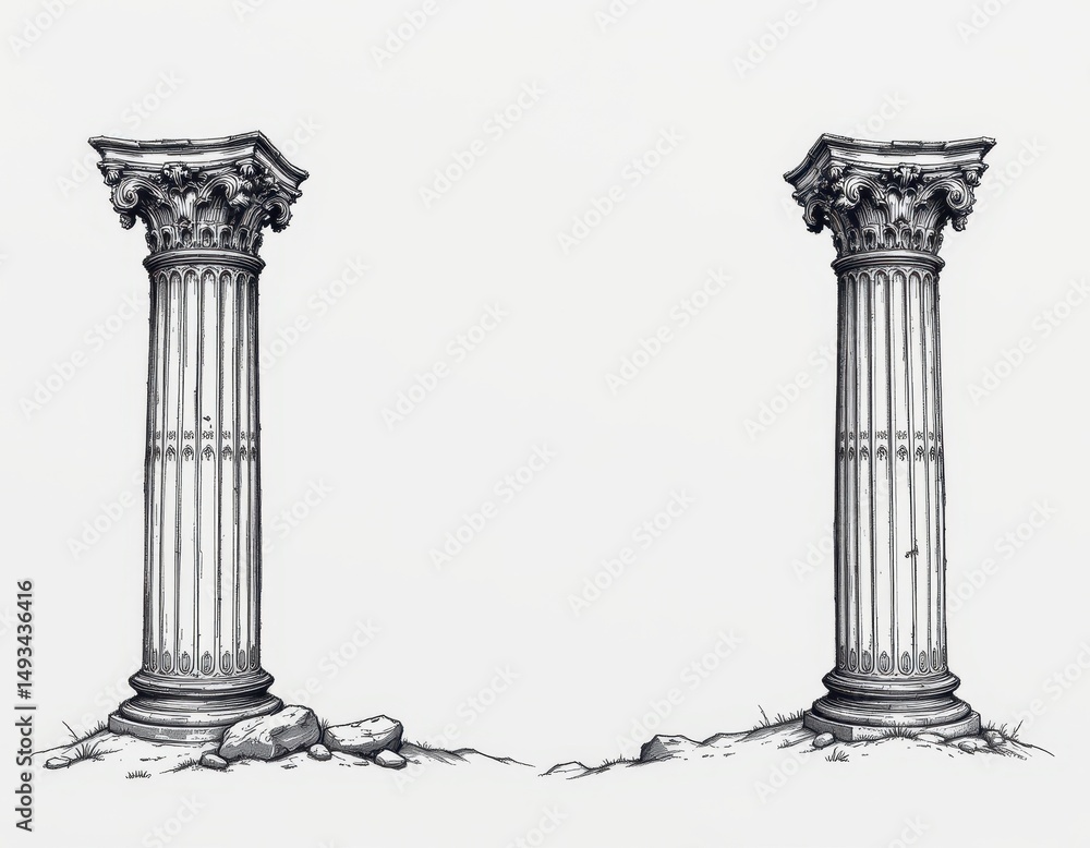 Poster black and white detailed sketch of roman style columns with cross hatching and shading