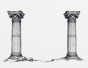 black and white detailed sketch of roman style columns with cross hatching and shading