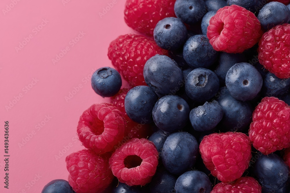 Poster a vibrant and fresh assortment of blueberries and raspberries on a bright pink background, creating 
