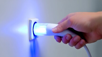 Fototapeta premium A hand reaches to a glowing blue charger against a smooth wall. This image emphasizes modern technology and energy. Perfect for tech enthusiasts and innovative projects. AI