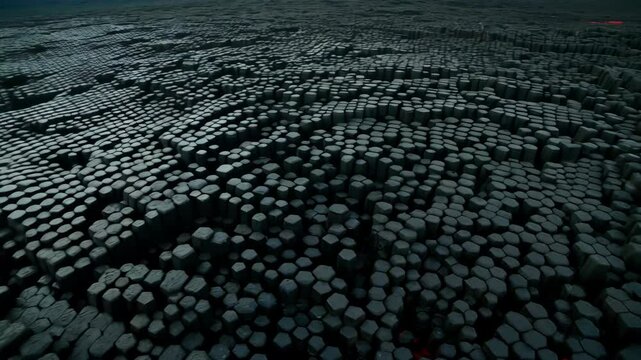 Hexagonal basalt columns landscape with molten lava flowing between rocks, geological formation in Iceland scenery, dark rocky terrain view