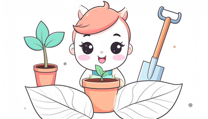A cute, chibi-style creature with orange hair tends a small potted plant, flanked by a shovel and larger leaves