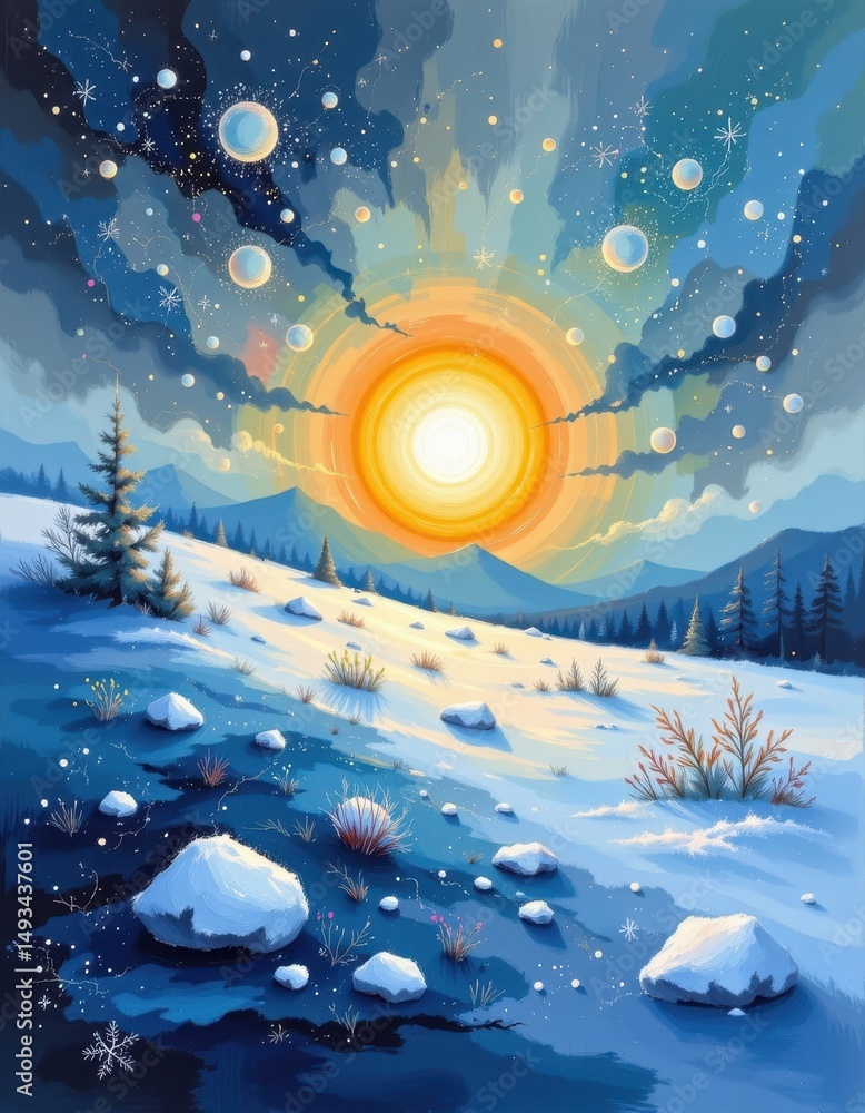 Poster painterly gouache with bold strokes creating textured, abstract snow and luminous rings in a soft co