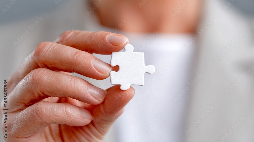 Aufkleber a close-up of a person holding a small white puzzle piece. the image symbolizes connection and probl