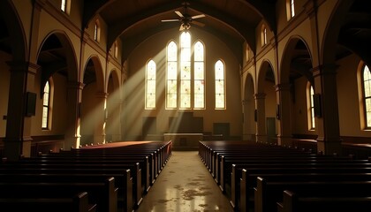 Abandoned church interior with soft rays of light through stained glass