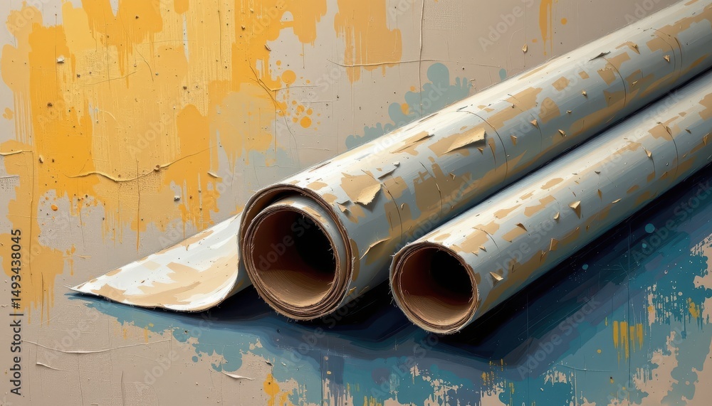 Poster painterly gouache texture with bold brushstrokes capturing the rounded shape of paper rolls on a tex