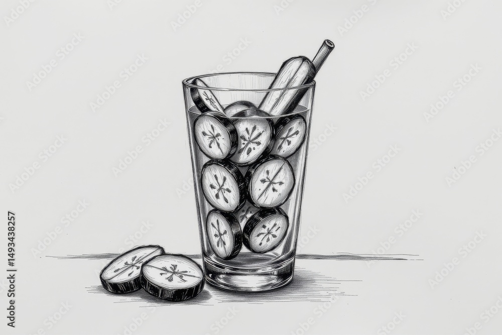 Poster black and white sketch emphasizing the shape of the glass and cucumber sticks with fine linework and