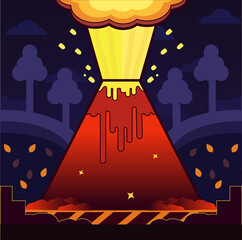 Stylized vector image of an erupting volcano. Bright lava erupts from the vent
