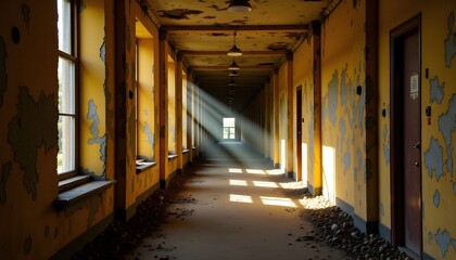 Fototapeta premium Sunlit corridor in old building with peeling walls