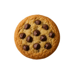 Delicious golden chocolate chip cookie isolated on transparent background, fresh baked sweet dessert with melting chocolate chunks, ideal for bakery promotion, cafe menu, snack advertisement, homemade