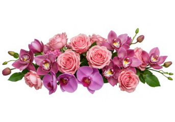 Floral arrangement of roses and orchids isolated on transparent background