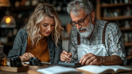 Mature couple collaborates on a project, reviewing documents and using a calculator