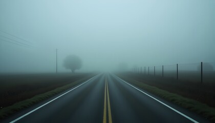 Fototapeta premium Vacant rural road stretching into fog, moody desaturated style